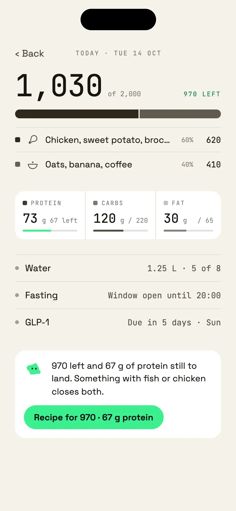 The full read of today: meals, macros against target, and a recipe for what is left