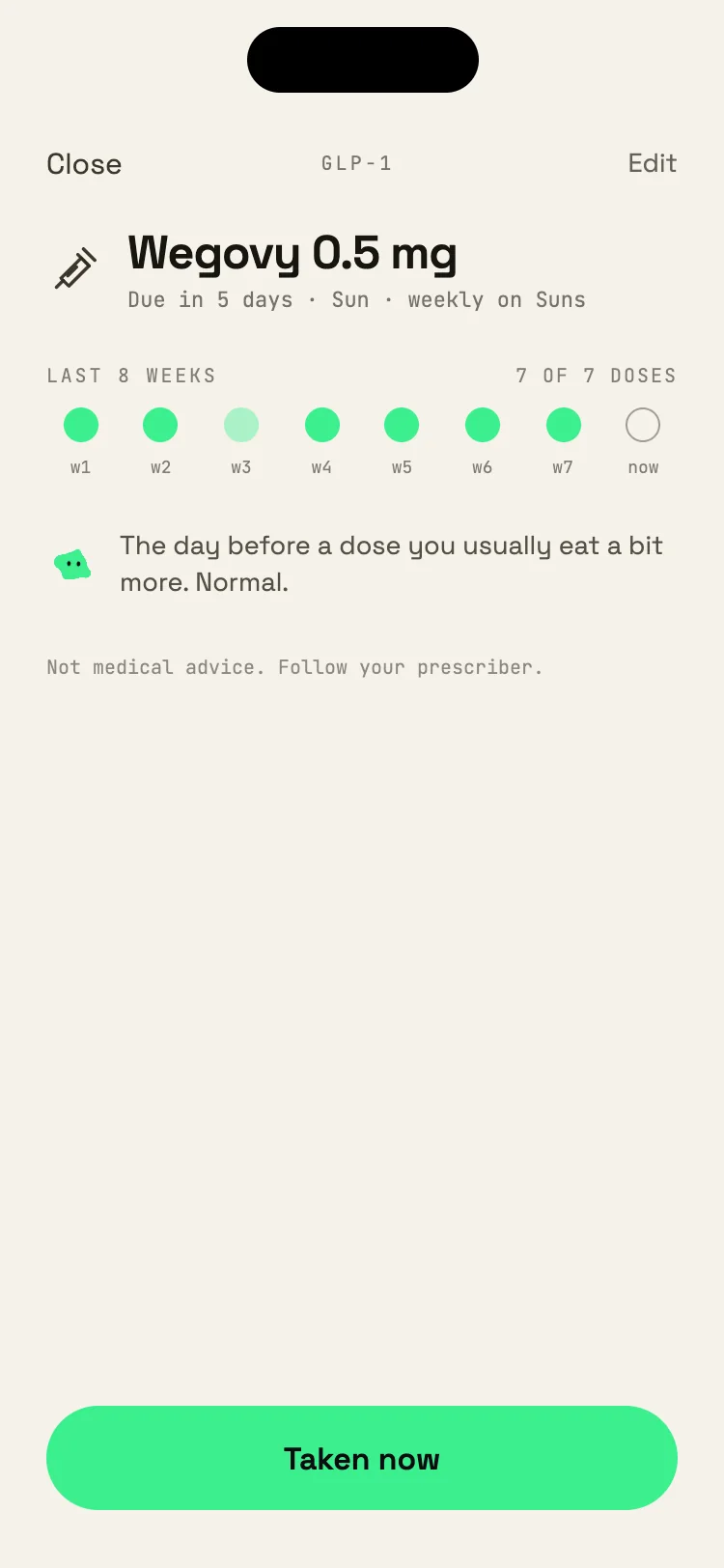 GLP-1 log: dose due in 5 days, with eight weeks of doses taken